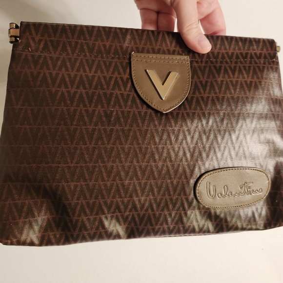 Mario Valentino Vintage Brown Clutch- Logo W/Leather Accents EUC Made In Italy - Picture 7 of 12